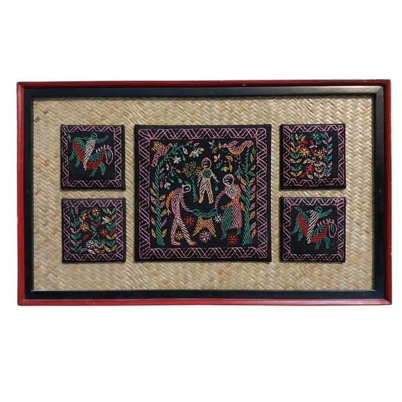 Handmade Other - Handcrafted Framed Embroidery Wall Art Set With Colorful Birds & Nature Motif